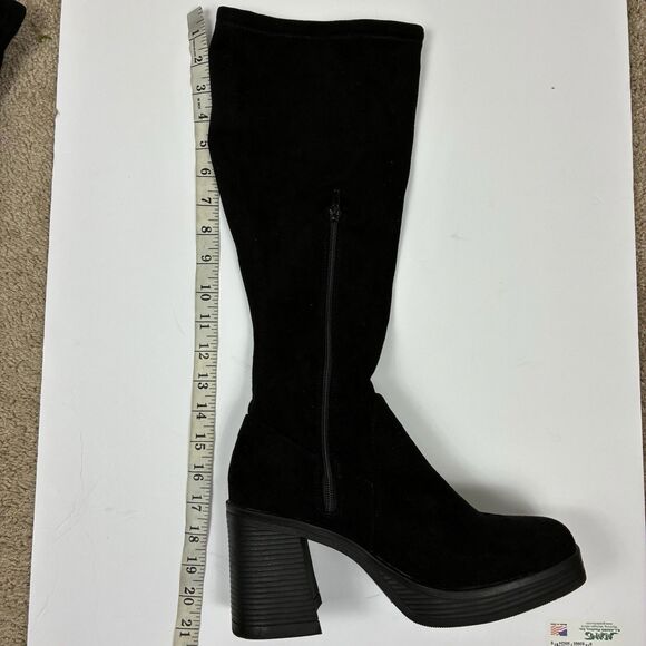 Vintage 90s Y2K Bratz Chunky Block Heel Tall Boots Black Sz 10 Pull On Stretch - Picture 6 of 7